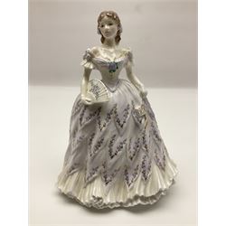 Five Royal Worcester figures, comprising Autumn, Sunday Best with certificate of authentication, Grandma's Bonnet, Walking-out Dresses of the 19th century 1855 the Crinoline and The Last Waltz, all with printed marks beneath