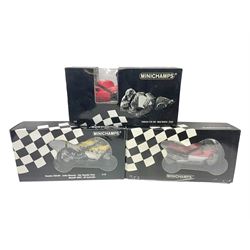 Three Minichamps 1:12 scale die-cast motorcycles - Yamaha YZR 500 Max Biaggi 2000; Yamaha YZR-M1 Colin Edwards Fiat Yamaha Team MotoGP 2007 GP Australia; and Yamaha YZR 500Team Yamaha Max Biaggi 500ccGP 2001; all boxed (3)