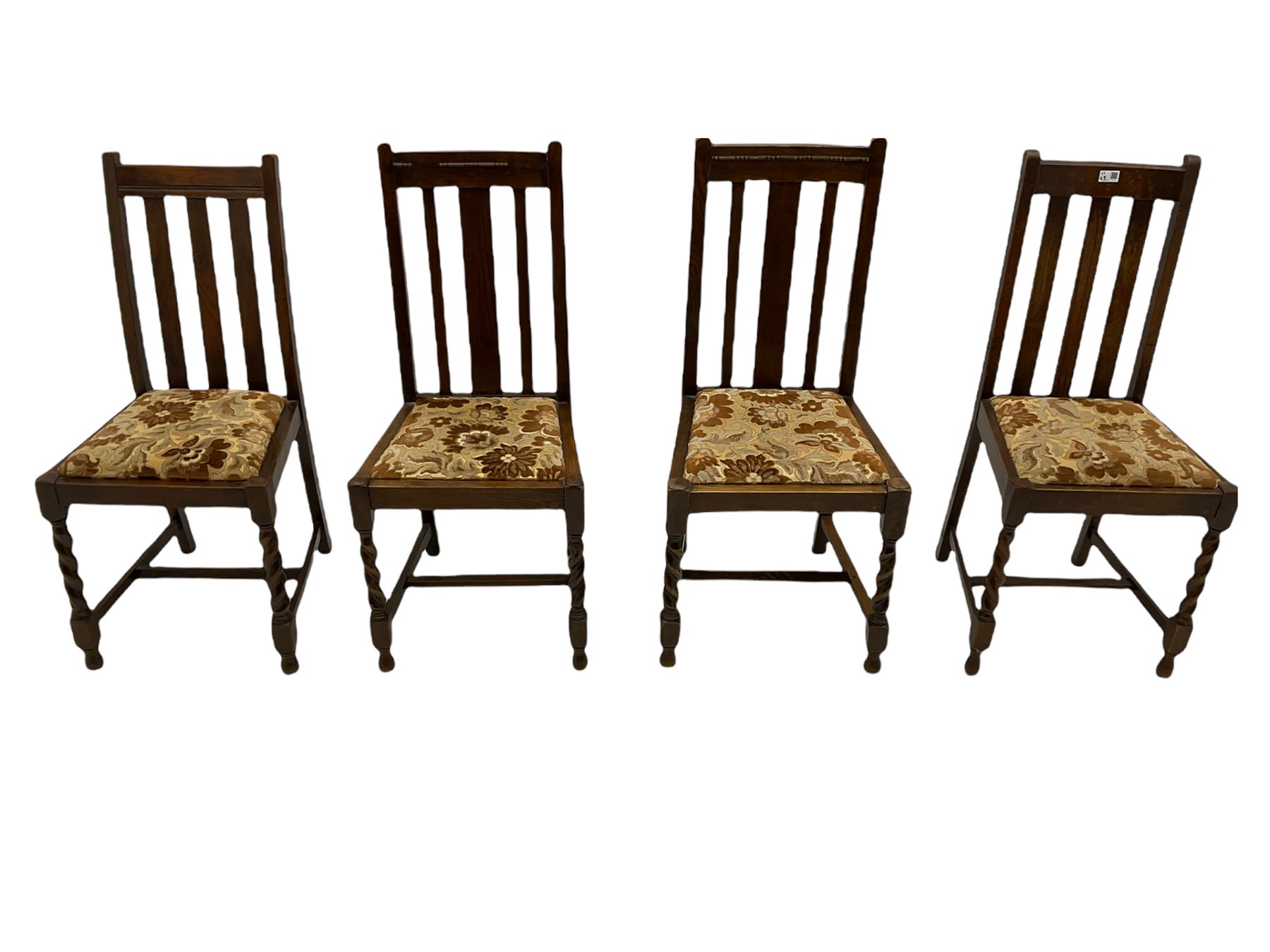 Early 20th century oak barley twist drop leaf dining table (105cm x 154cm, H74cm), and four chairs 