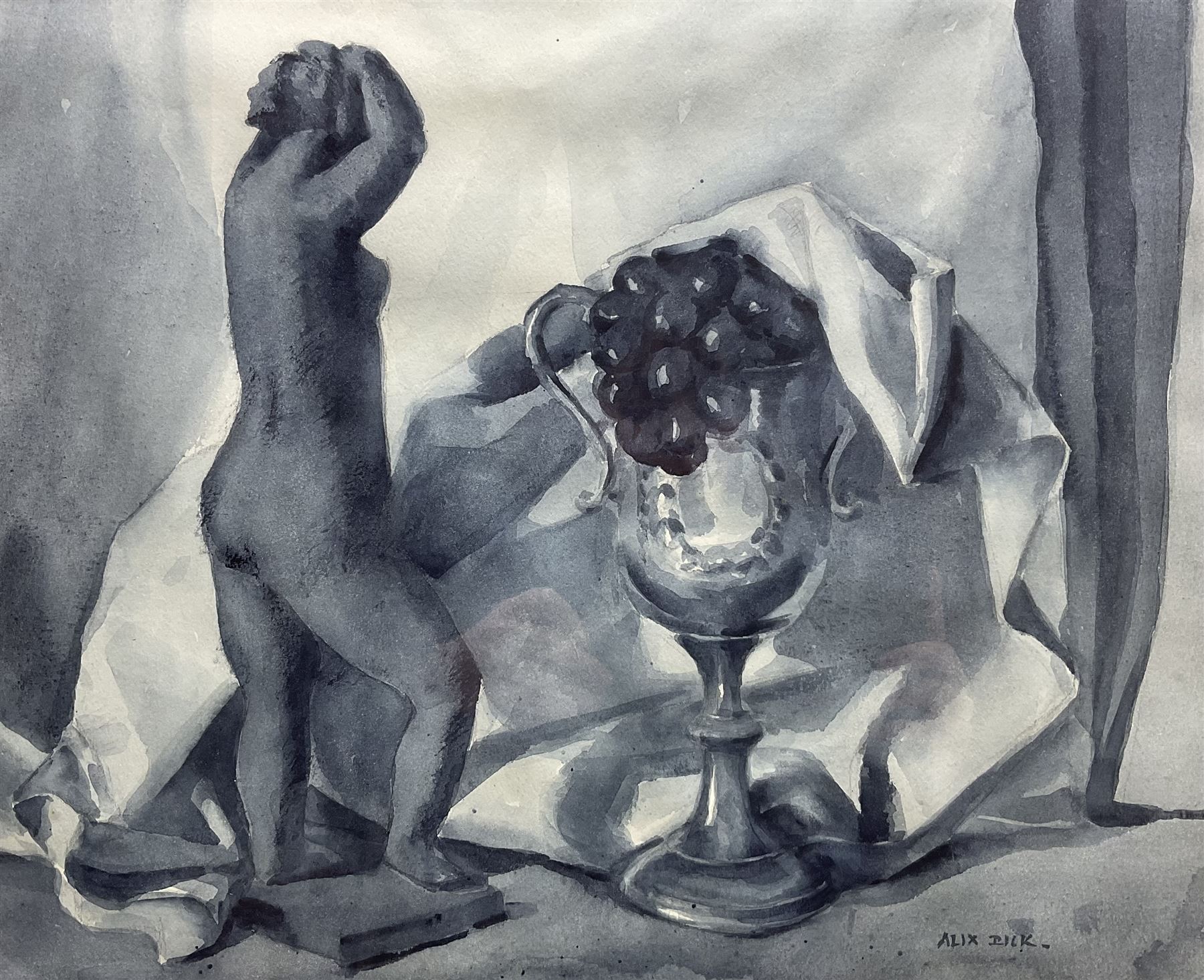Jessie Alexandra Dick (Scottish 1896-1976): 'Black Sculpture', watercolour en grisaille signed, titled verso 36cm x 44cm 