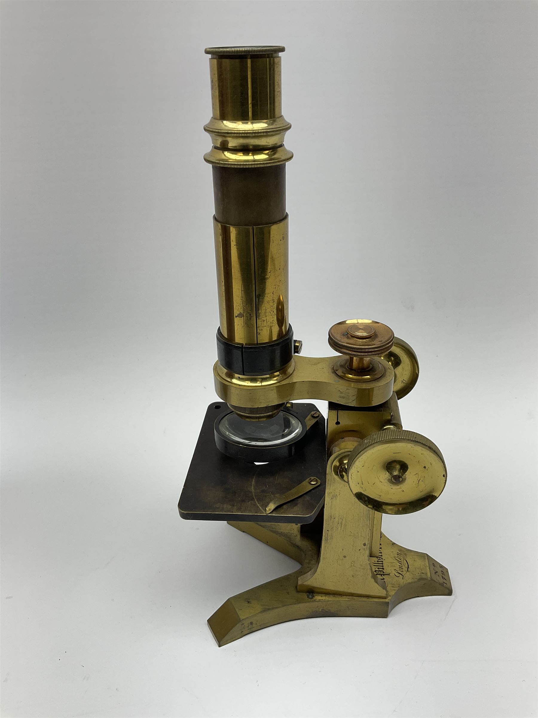 19th century lacquered brass monocular microscope by Moritz Pillischer No.1795 in fitted mahogany box with carrying handle and two additional lenses 