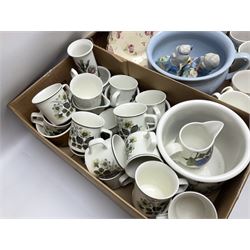 Large collection of ceramics to include God Speed the Plough loving cup, Denby, Coalport, Portmeirion, quantity of mugs etc in four boxes