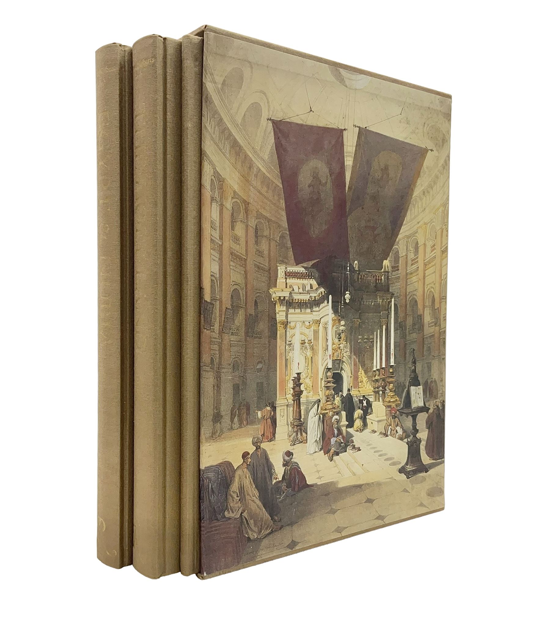 Three volumes on David Roberts in a single slip case, comprising The Life, Works and Travels of David Roberts, The Holy Land and Egypt & Nubia