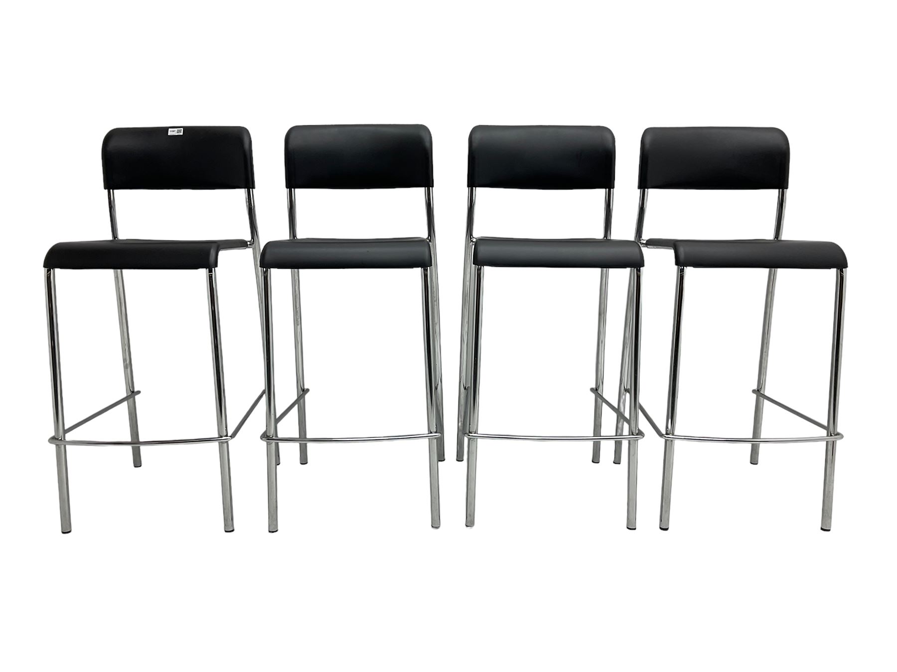 Set four Italian stacking bar stools, black back and seat over chrome supports