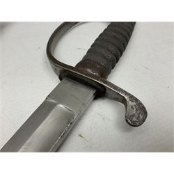 Mid-19th century Custom’s officer/Constabulary sidearm, with plain 60.5cm slightly curving fullered blade double edged at tip,  steel knucklebow and downswept quillon, stepped pommel and ribbed fishskin grip; in leather covered scabbard with steel locket, frog stud and chape L76cm overall