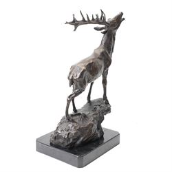 After Pierre-Jules Mêne - bronze figure of a calling stag, upon marble base, overall H35cm