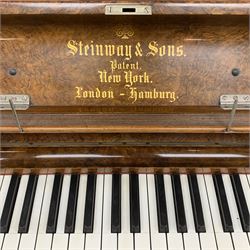 Steinway & Sons - late 19th century figured walnut upright piano, iron framed and overstrung, model no. 56174 circa. 1886, W154cm, H137cm, D70cm, together with a quantity of sheet music