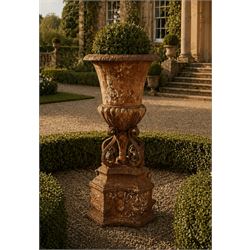 Victorian cast iron campana form centrepiece urn, flared egg and dart rim with lobed under...