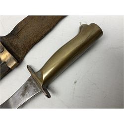 Scratch-built fighting/throwing knife, probably trench art, with 18cm steel spear type blade, plain cross-piece and French Lebel Rifle bayonet grip; in bras mounted studded leather sheath with belt hanger L29.5cm overall