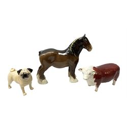 Three Beswick models comprising Hereford Bull no 949, 'CH Cutmil Cupie' Pug, and bay Shire horse, all with printed marks beneath