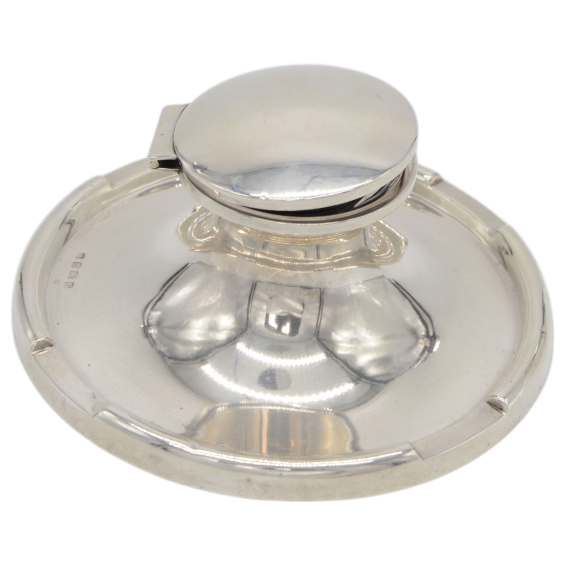 Early 20th century silver mounted capstan inkwell, of typical circular form, hallmarked A & J Zimmerman Ltd, Birmingham 1914, D17.5cm, H7cm