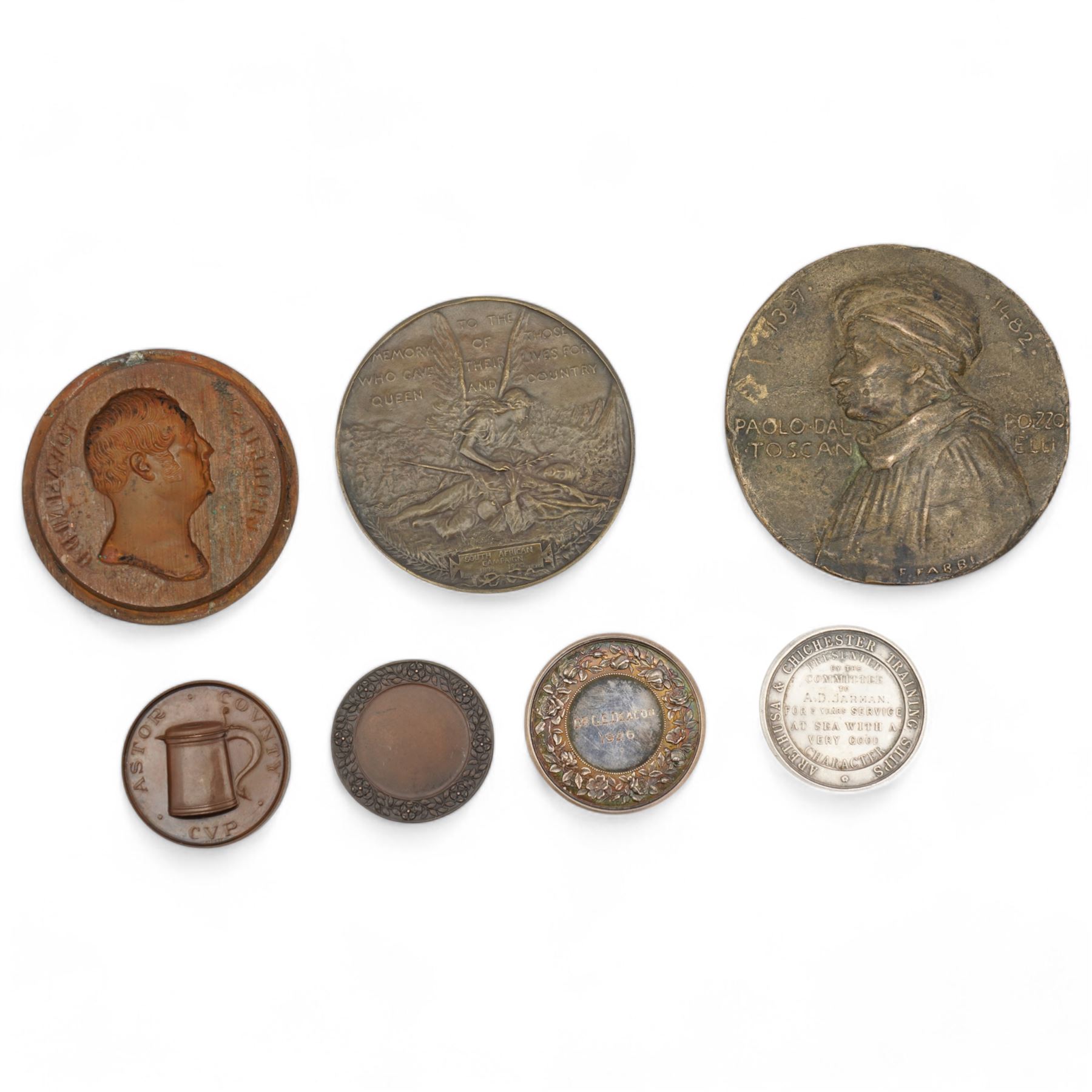 Peace Treaty bronze medallion for South African war after Emil Fuchs, another medallion with bust portrait of  of Amerigo Vespucci, the explorer, the reverse with Paolo dal Pozzo Toscanelli, small plaque with bust portrait of George Townsend, Canon of Durham 1850, Astor County shooting medallion and various others