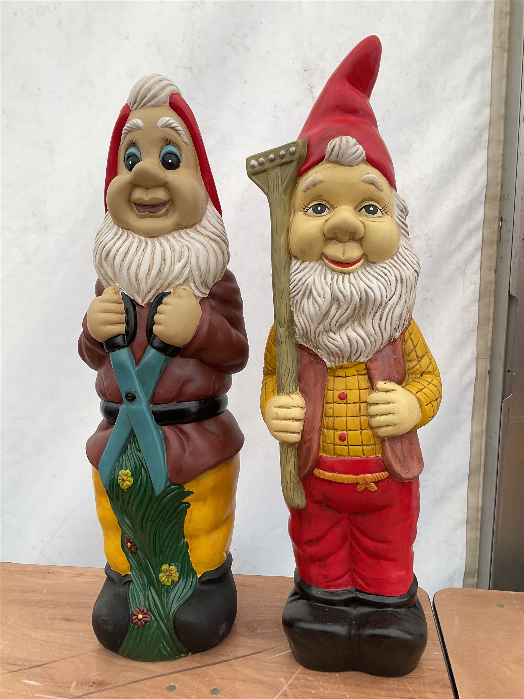 Pair of large indoor or outdoor painted garden gnomes  - THIS LOT IS TO BE COLLECTED BY APPOINTMENT FROM DUGGLEBY STORAGE, GREAT HILL, EASTFIELD, SCARBOROUGH, YO11 3TX