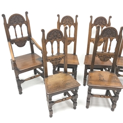  Set eight (6+2) early 20th century oak dining chairs, floral carved cresting rail, solid seat, turned supports joined by stretchers, W54cm  