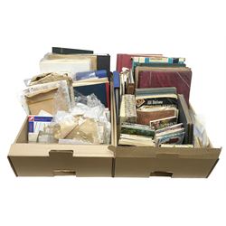 World stamps, cigarette and trade cards, including first day covers, stamps on pieces etc, housed in various albums, folders and loose, in two boxes