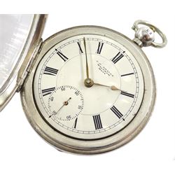 19th century silver open face key wound pocket watch by Waltham Mass, No. 845724, retailed by J.G. Graves, white enamel dial with Roman numerals and subsidiary seconds dial, engine turned case with engraved initials in cartouche, Birmingham 1899
