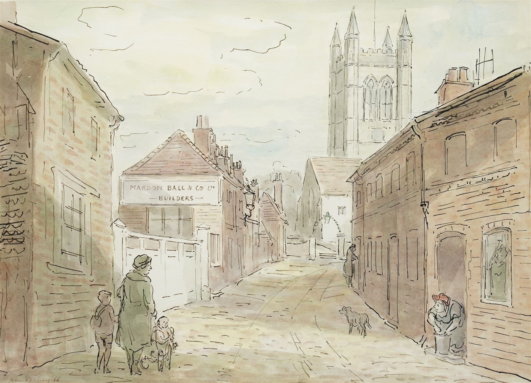 Sir John Verney (British 1913-1992): 'Lower Church Lane' - Farnham, watercolour signed and dated '66, titled on Ashgate Gallery label verso 27cm x 38cm 