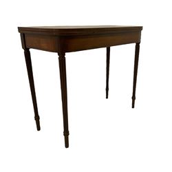 Early 19th century tea table, rectangular fold-over top with rounded corners, the frieze and sides inlaid with satinwood panels, double gate-leg action base, on reeded supports 