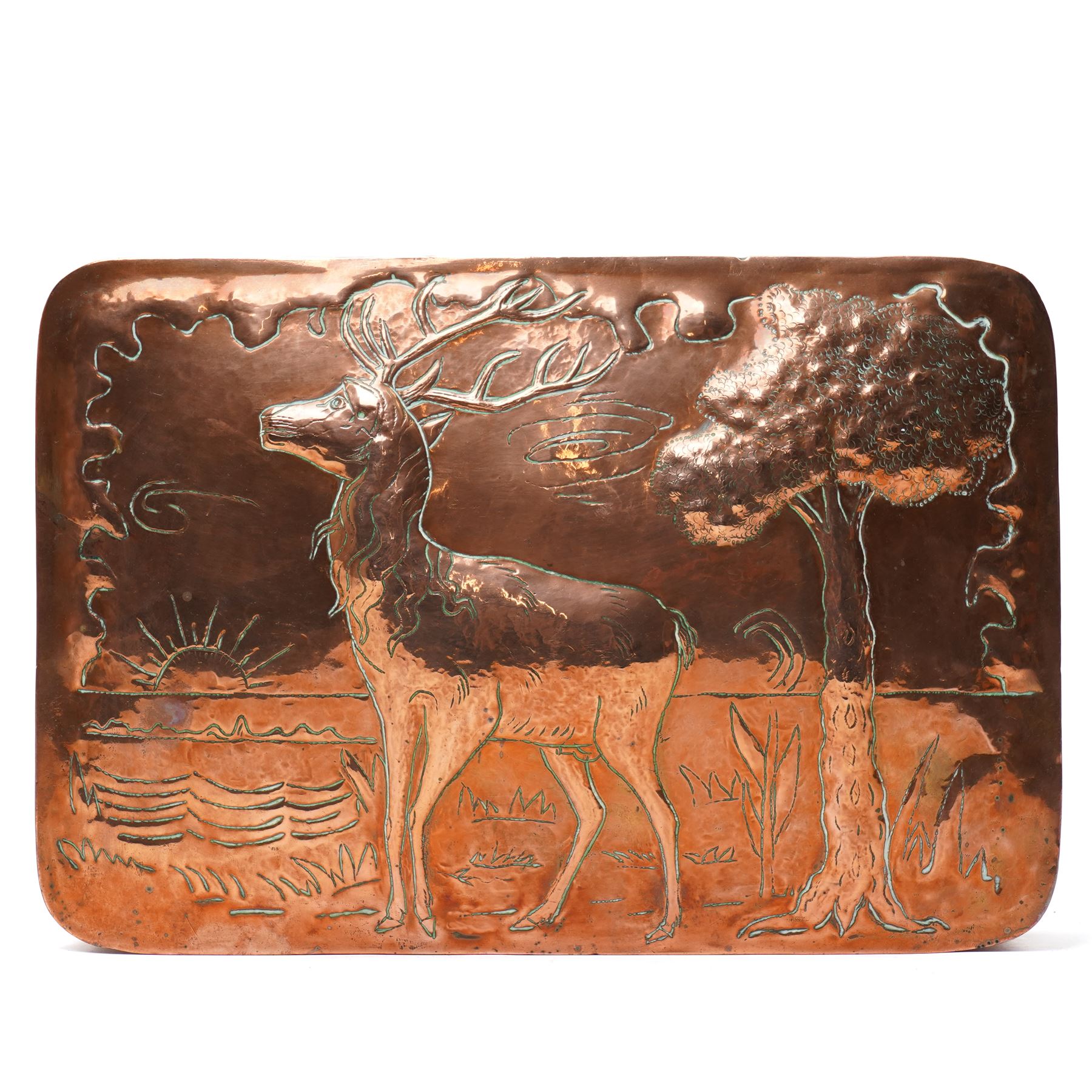 Arts & Crafts copper panel with relief decoration of a stag 27cm x 40cm