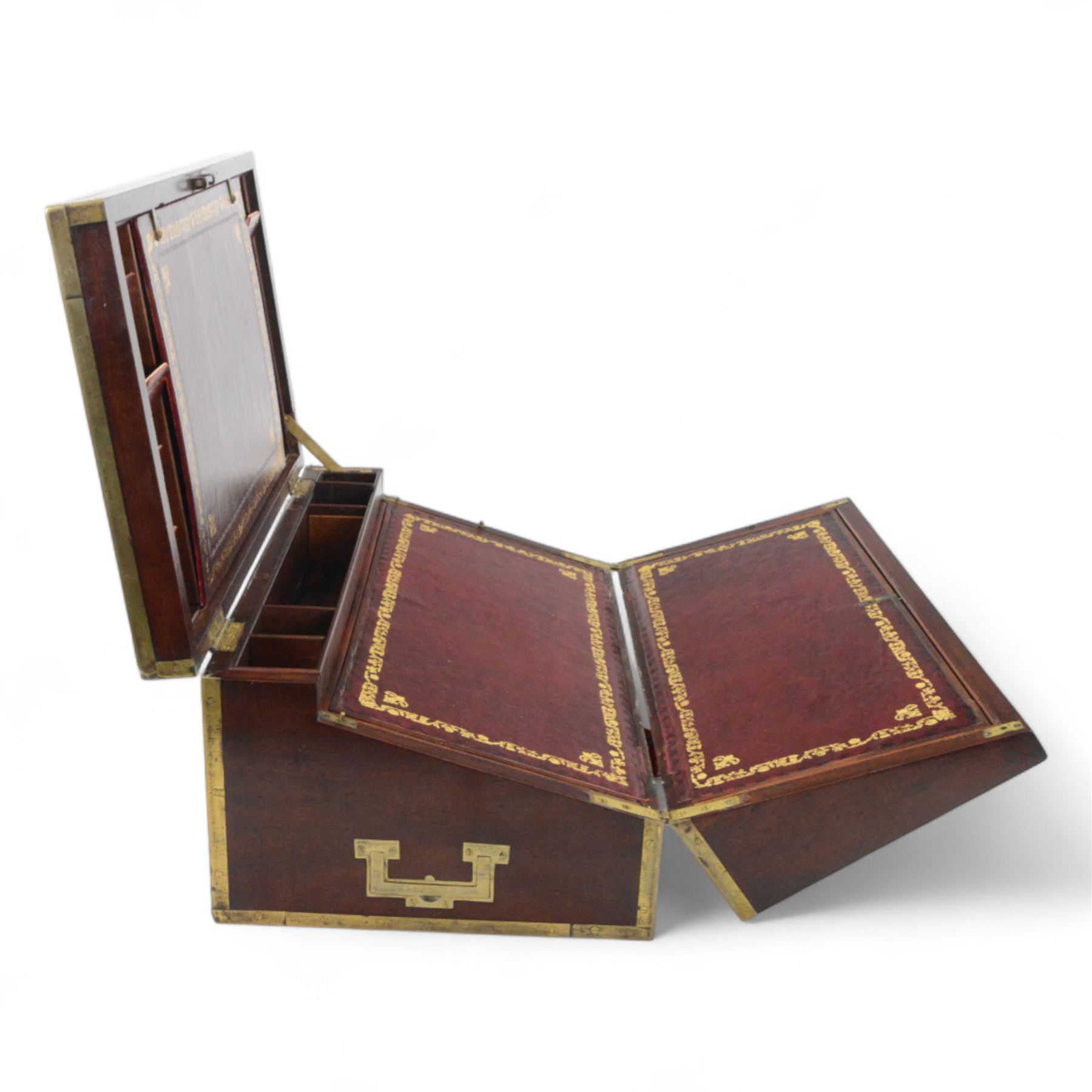 19th century brass bound mahogany writing slope with twin drop carry handles to sides, the hinged cover opening to reveal a  gilt tooled burgundy leather slope and compartmented interior, H22xm W50.5cm D30cm