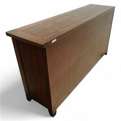 Contemporary hardwood sideboard, rectangular plain top above three short drawers and four central drawers flanked by two panelled cupboard doors 