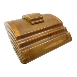 Art Deco butterscotch amber bakelite desk stand , with two pen rests and inkwell, H6cm L16.5cm 