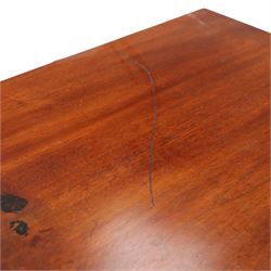 Regency period inlaid mahogany serpentine-fronted fold-over tea table, the shaped rectangular top with ebony-strung edge over a banded frieze with repeating lozenge inlaid banding, on square tapering supports