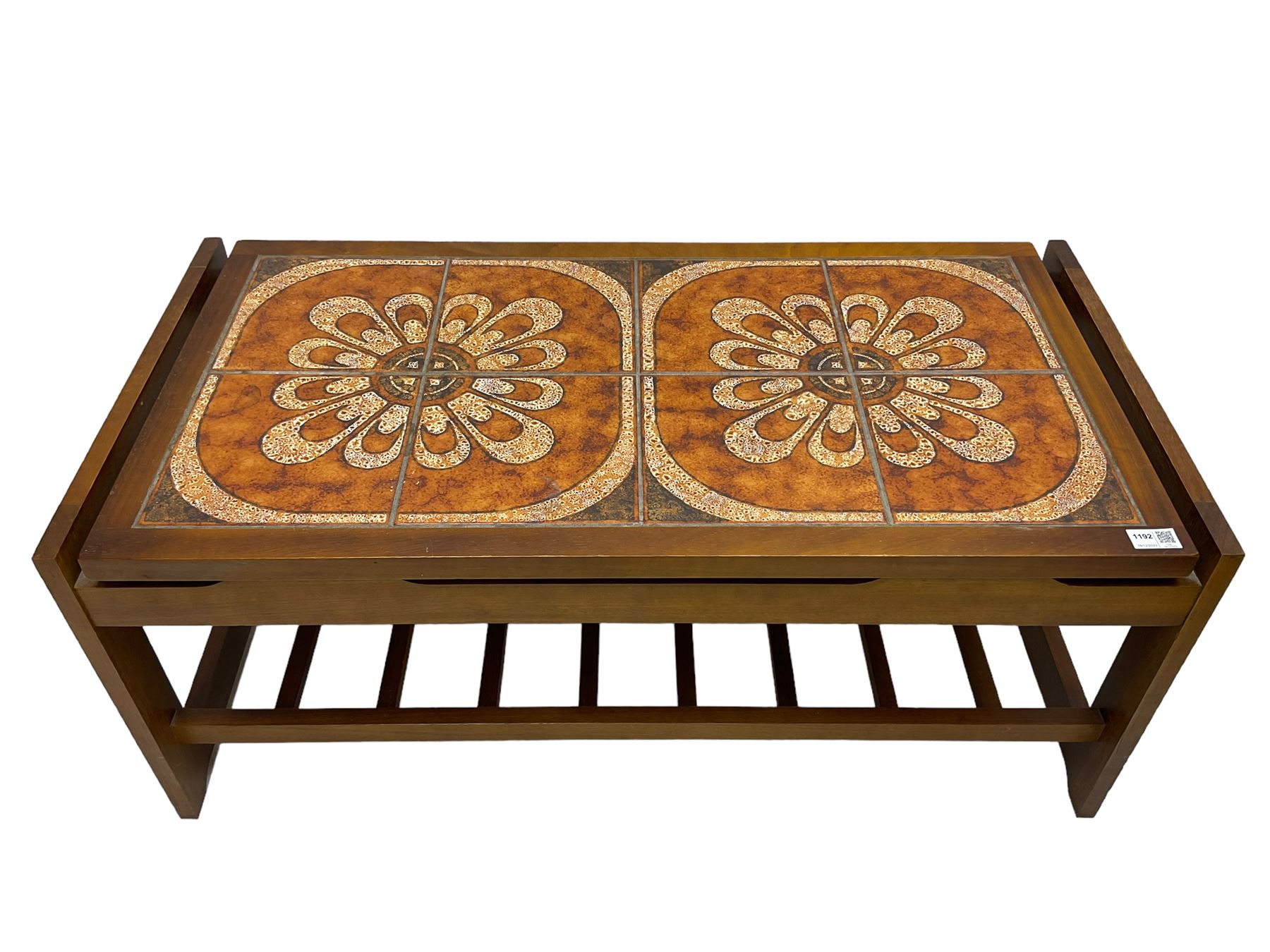 Mid-20th century teak coffee table, rectangular top with inset tiled surface over slatted undertier