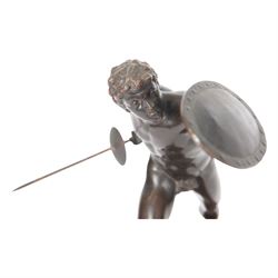 Third Reich; bronze sculpture, after Arno Breker modelled as a Gladiator upon a stepped rectangular marble base, belonging to Hans Christian Weber, gifted to him on the Day of German Art parade 1938 from Mayor Karl Fiehier, H45cm 