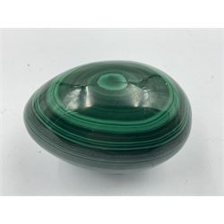 Three malicate specimen eggs, originally part of the collection of the late Stanley J Seeger, largest H7cm