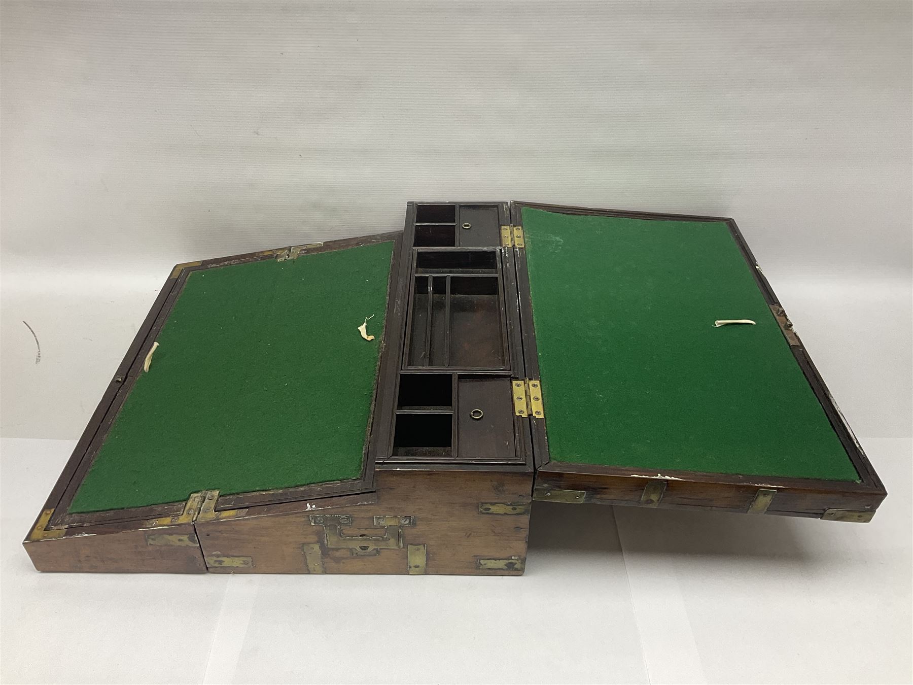 19th century mahogany writing slope, having brass capped corners, sunken twin handled, opening to reveal pull down hinged filing compartment and fitted interior, H18cm, L48, D30cm