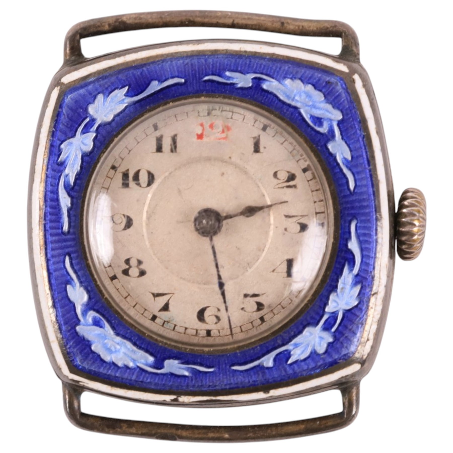 Art Deco silver and enamel ladies wristwatch, with blue guilloche enamel floral decoration to the case