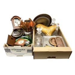 Composite classic figure group signed A. Santini, together with carved wooden sculpture of walrus, collection of cut glass including decaters and a selection of metalware etc, in two boxes 