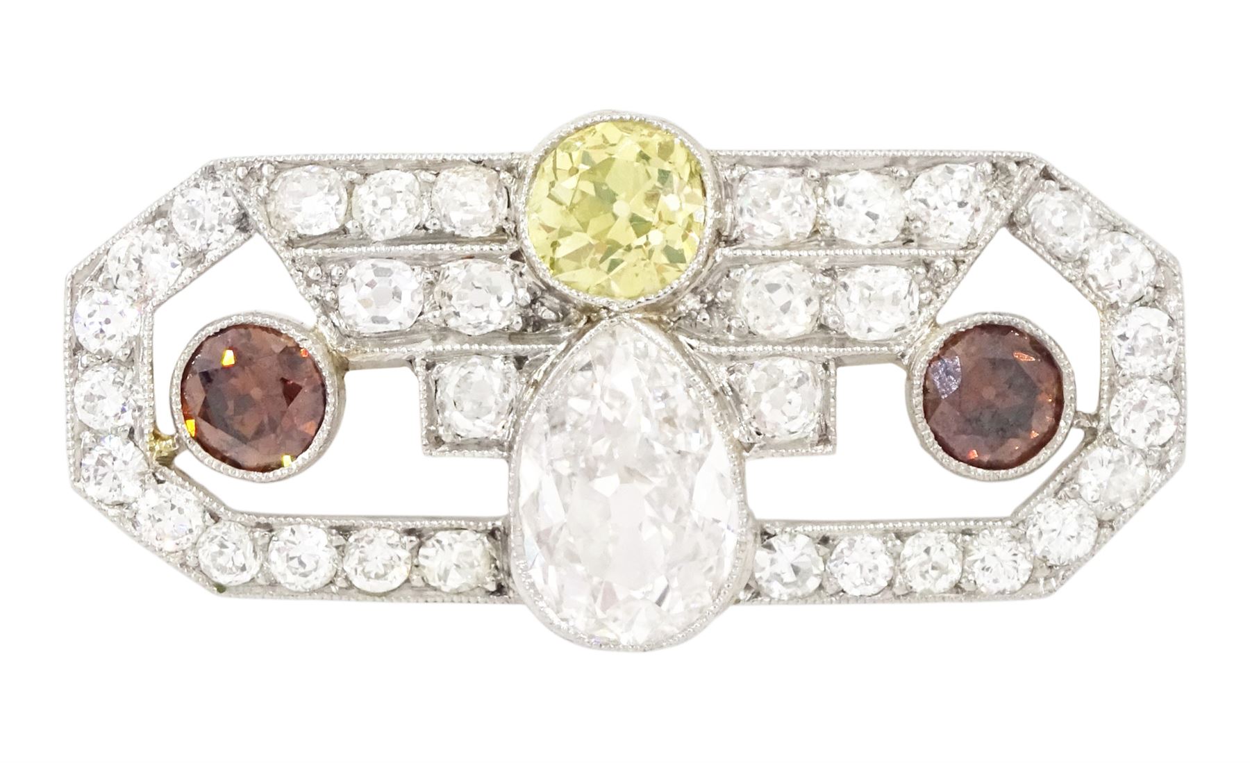 Early 20th century platinum diamond brooch, milgrain set with a pear cut faint brown diamond of approx 1.50 carat, an old cut fancy yellow / green diamond of approx 0.70 carat, and two old cut fancy orange / brown diamonds of approx 0.40 carat and 0.35 carat, surrounded by old cut white diamonds in an openwork setting, total white diamond weight approx 1.45 carat