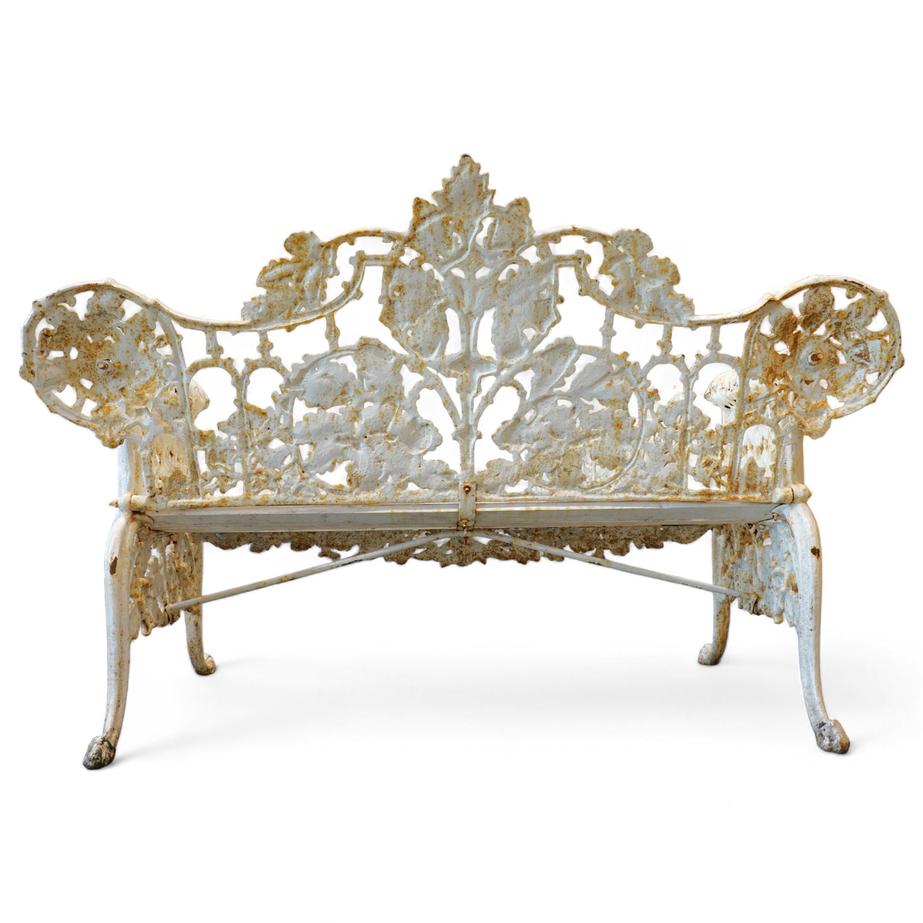 Coalbrookdale design - early 20th century cast iron oak leaf and acorn bench, white painted cast iron frame with slatted wooden seat, the pierced and shaped back decorated with scrolling oak branches and leafage, flanked by dog mask arm terminals over cabriole supports with paw feet 
