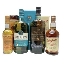 Singleton, eighteen year old, single Scotch whisky, 70cl, 40% vol, Singleton, twelve year old, Scotch whisky, 700ml, 40% vol, Glenfarclas, ten year old, Scotch whisky, 700ml, 43% vol and Glenmorangie, ten year old, Scotch whisky, 35cl, 40% vol (4)