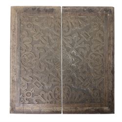 Pair of 18th/19th century oak strapwork panels, in four pieces, as whole pieces 60cm x 58cm 