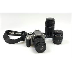 Canon EOS 350D digital camera with 'Canon Zoom Lens EF-S 18-55mm 1:3.5-5.6 II USM', with instruction manual and charger and two further lenses, Canon Ultrasonic 'Canon Zoom Lens EF 35-105mm 1:4.5-5.6' and a Canon Ultrasonic 'Canon Zoom Lens EF 75-300mm 1:4-5.6 III USM'