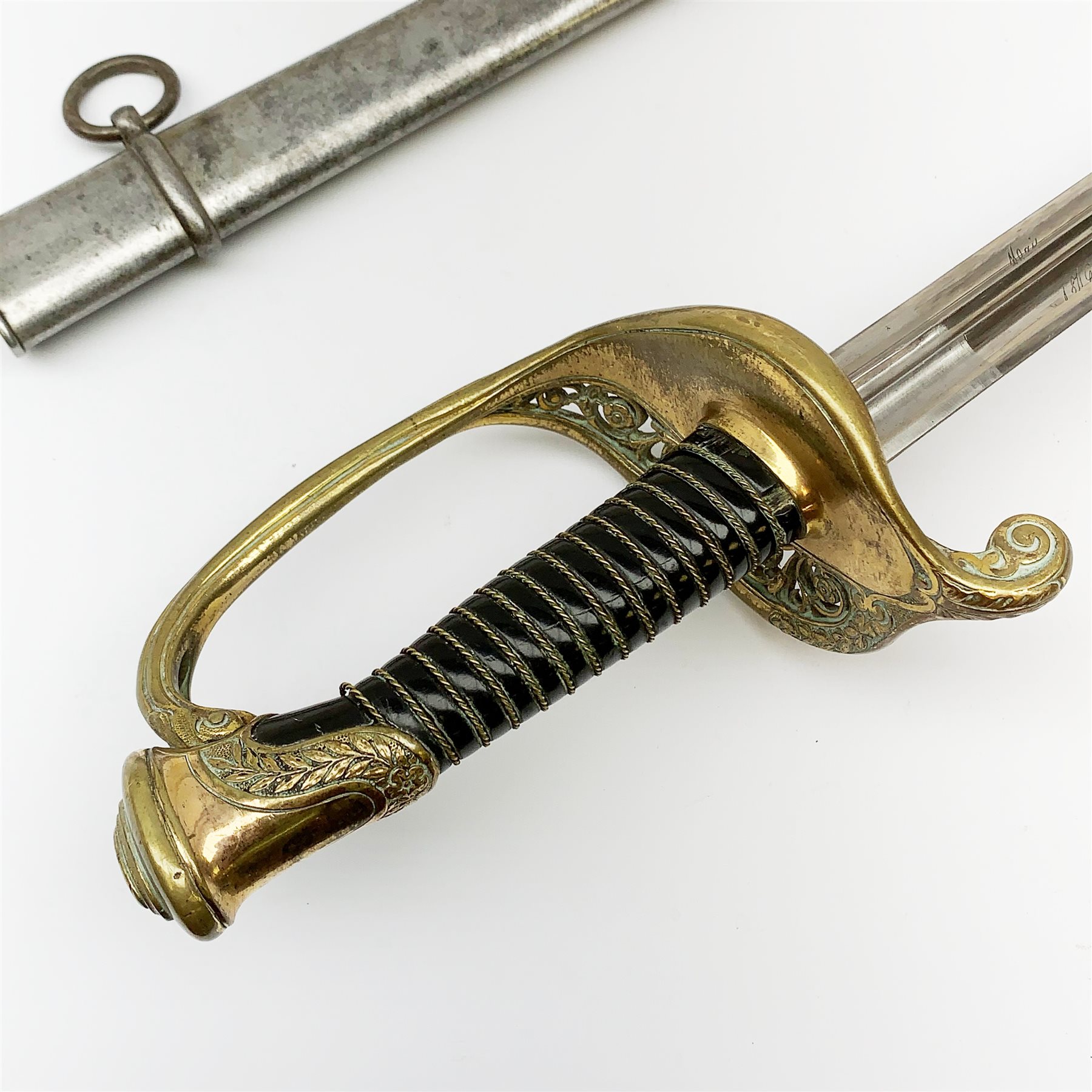 Early 19th century French Officer's sword, 85cm double edged triple fullered blade inscribed with French armourer's mark and dated 1816, brass hilt by Rouart a Paris (1825-1850) with open foliate decoration and ebony grip, steel scabbard, overall 102cm