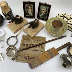 A group of assorted collectables, to include a small bronze model of a pheasant in flight, Georgian silver toddy ladle with inset George II shilling, silver plated stilton scoop with ivory handle, small Victorian sampler, ebony and bone dominoes, etc. 