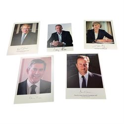 Five signed photographs of ex British prime ministers, comprising Boris Johnson, Tony Blair, Theresa May, Gordon Brown and David Cameron   