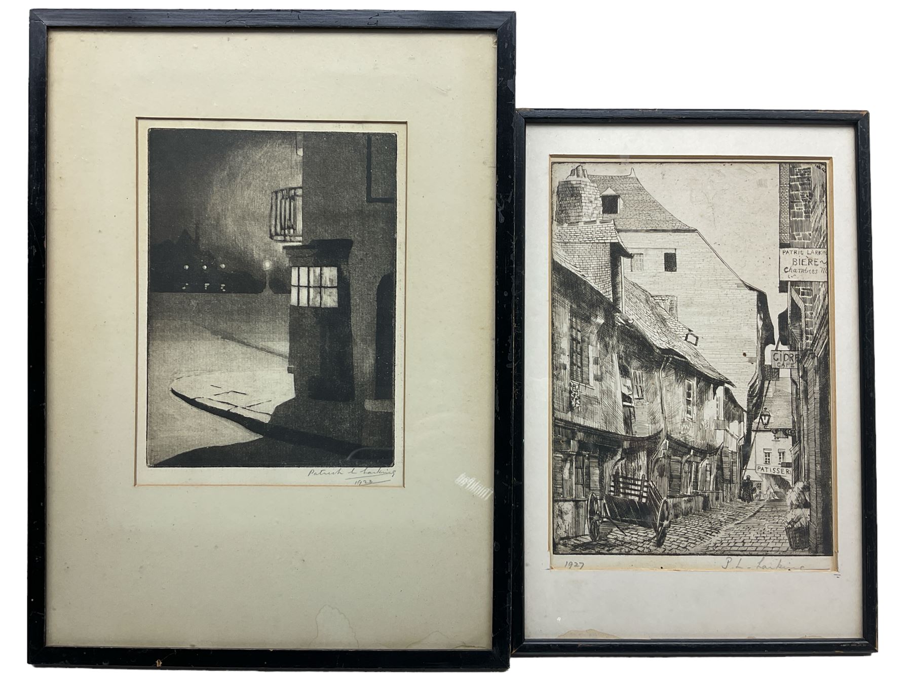 Patrick Lambert Larkin (British 1907-1981): London Street at Dusk, aquatint signed and dated 1923, 22cm x 16cm; A French Street, etching signed and dated 1927 in pencil 26cm x 18cm (2)