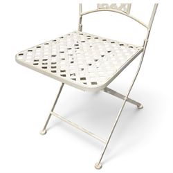 Pair of Victorian design wrought metal folding garden chairs, scrolled cresting rail over pierced foliate medallion, lattice back and seat on X-frame folding base