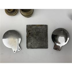 Three brass cart wheel hub caps for W. Johnson & Son Builders Hull, another for W. Harrison Builder Hull, copper printing plate for Hull & Barnsley Railway Timetable, two Hull & District Road Transport Training Group Advanced Driver car badges and framed 1952 car road task disc (8)  