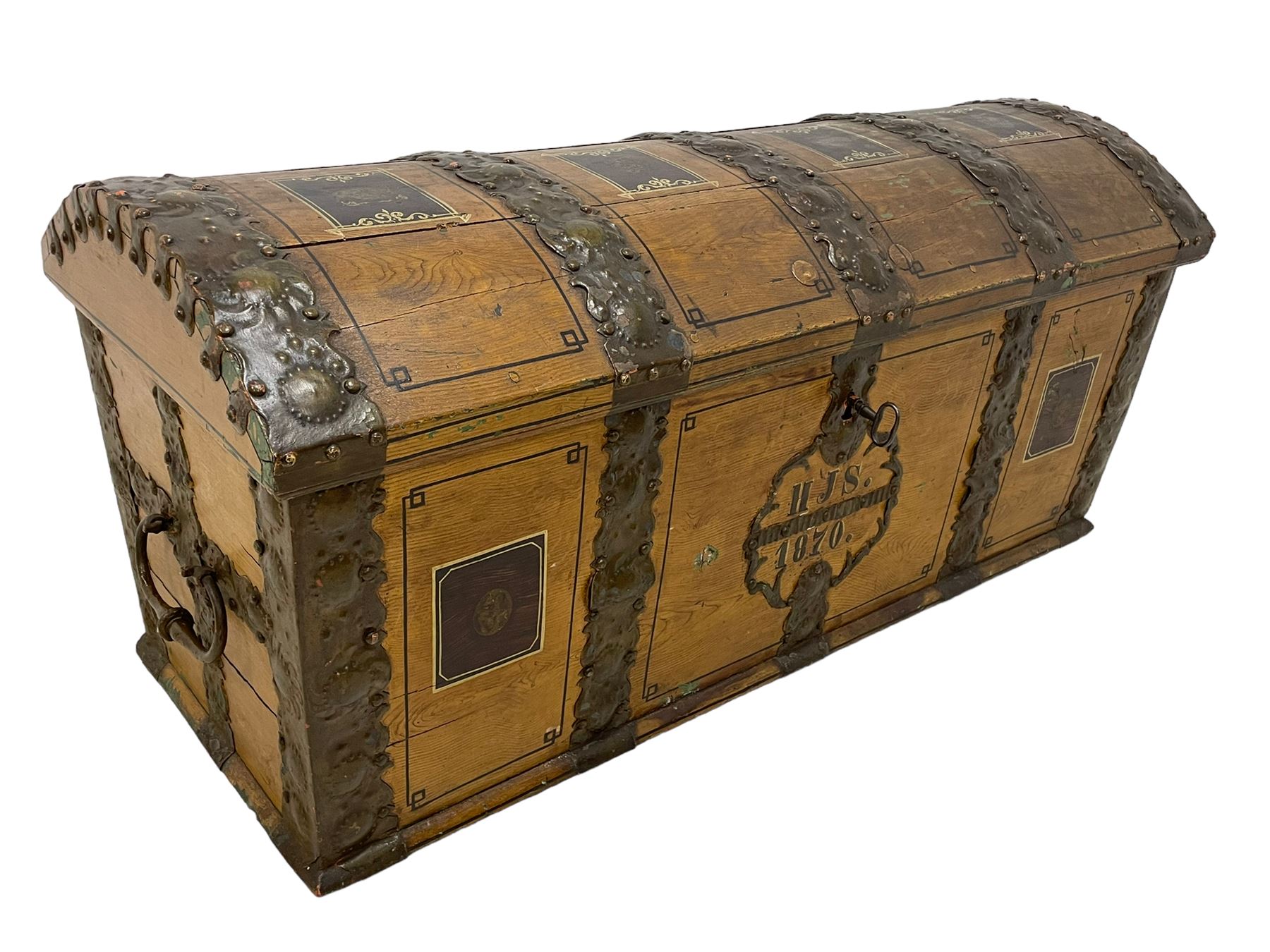 19th century painted oak sea chest, hinged dome top enclosing small compartment, bound by shaped and pressed metal strapwork, scumbled finish to resemble oak and painted with small vignettes depicting portraits and landscapes within panels, fitted with large wrought metal carrying handles, the front inscribed 'H.J.S. 1870' 