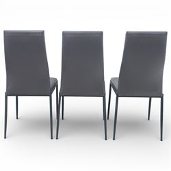 Modern composite marble effect dining table, rectangular top with simulated veining supported on a block pedestal base, accompanied by six matching dining chairs with padded seats and backs in grey upholstery on slim metal legs