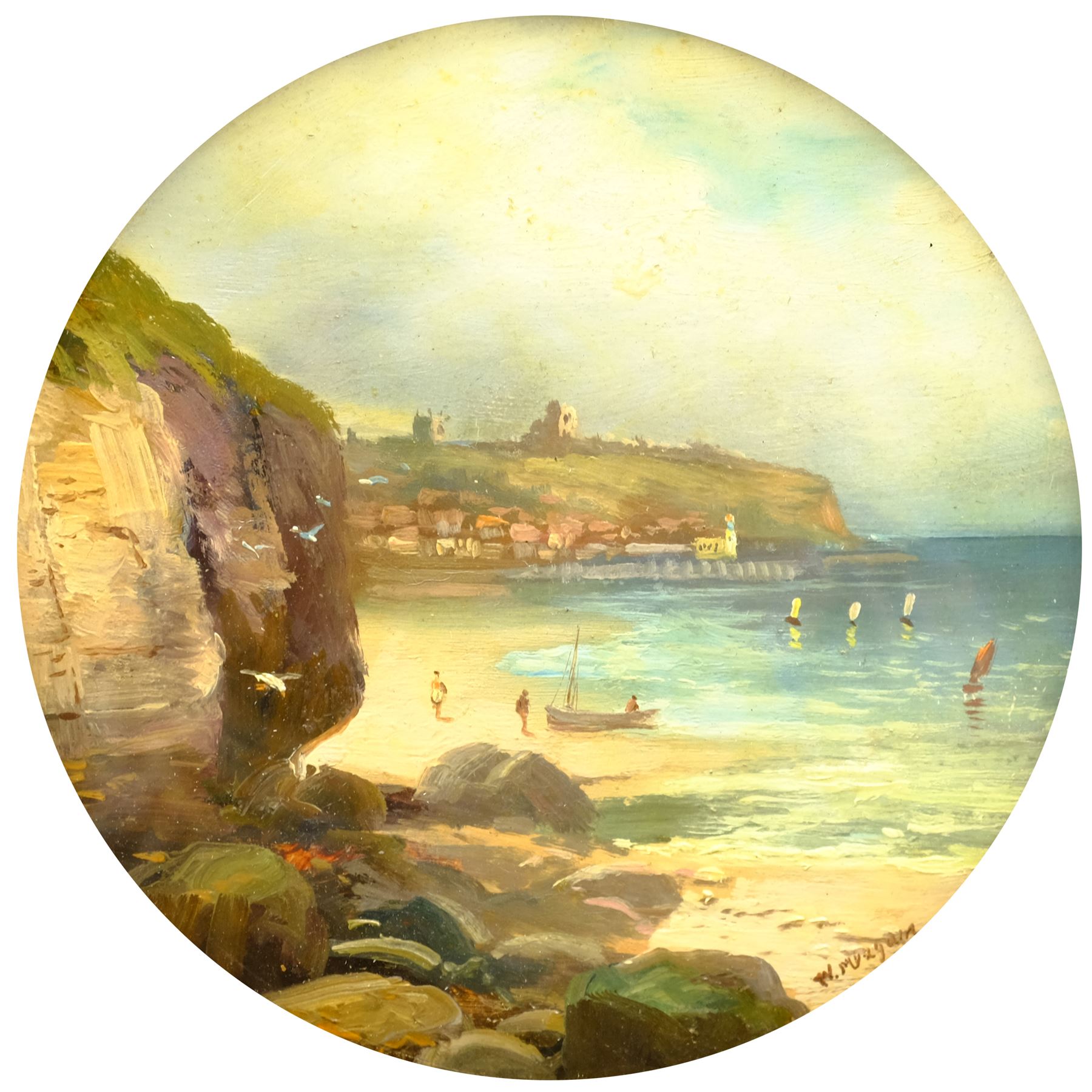 Walter Linsley Meegan (British c1860-1944): Scarborough from White Nab, circular oil on board signed 18cm diameter