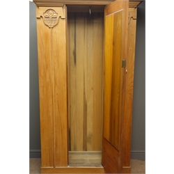  Edwardian satin walnut single door wardrobe, projecting cornice, full length  door with bevel edged mirror,  plinth base, W116cm, H194cm, D48cm  