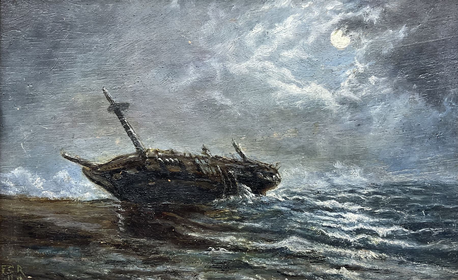 FCR (British 19th Century): 'The Old Wreck on the Welsh Coast 1909', signed with initials and dated '09, titled verso 12cm x 20cm