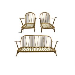 Ercol - 'Windsor' three seat settee (W175cm, H77cm); and pair ercol 'Windsor' easy armchairs (W70cm, H77cm), (no cushions, frames only)